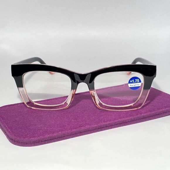 1284 Gretchen Reading Glasses 1.75 Square Black Pink Frames Oversize NWT - Picture 2 of 11